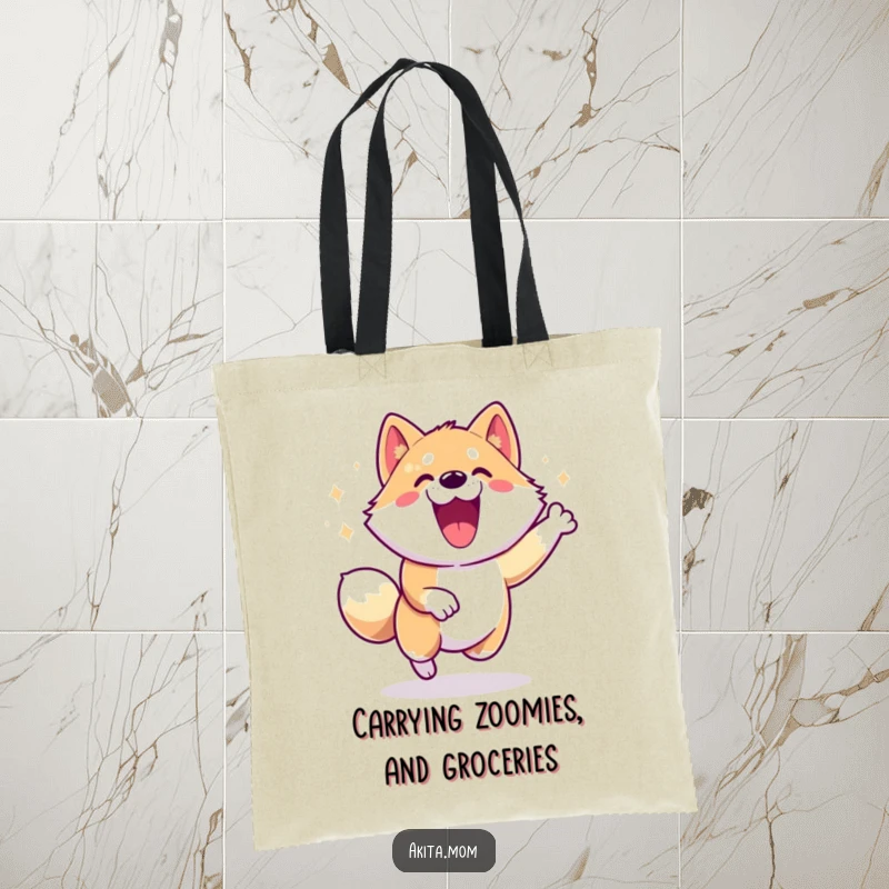 Energetic Akita Zoomie Tote Bag: An Akita dog performing a happy zoomie, symbolizing pure, funny energy and joy.