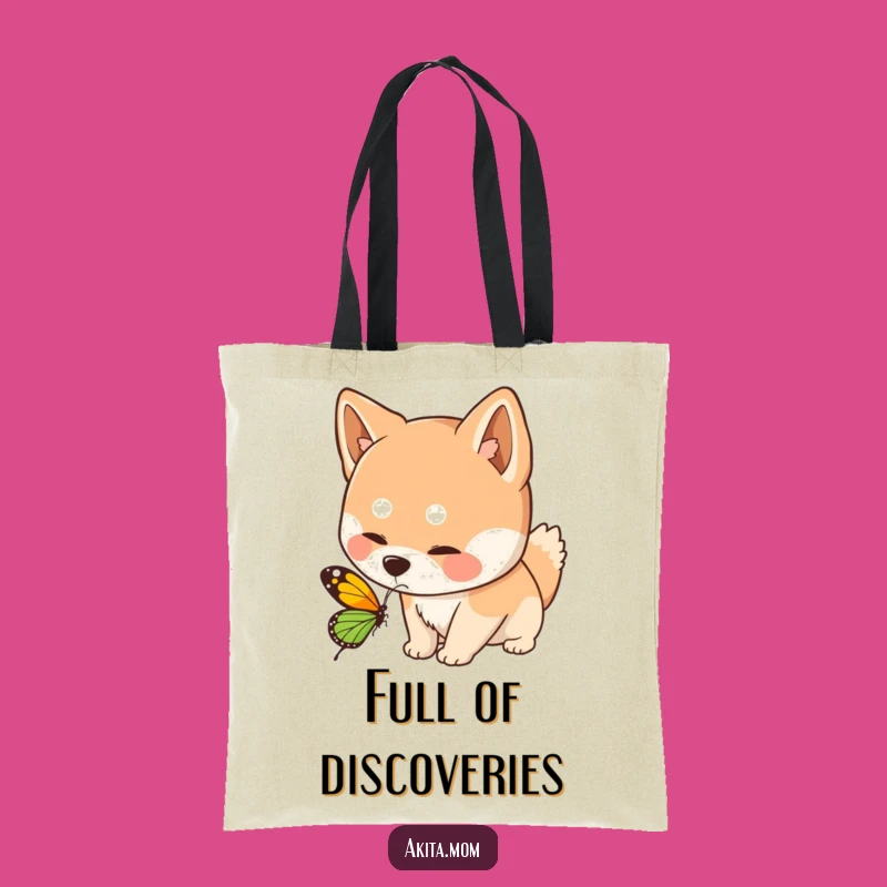 Funny Kawaii Akita Dog Sniffing Butterfly Tote Bag - Carry Nature's Charm with Humor!