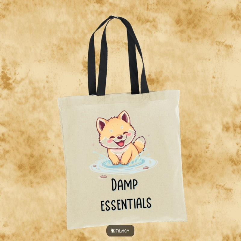 Funny Akita cub tote bag with a cute puppy giggling and splashing in a stream, offering a humorous and practical accessory.