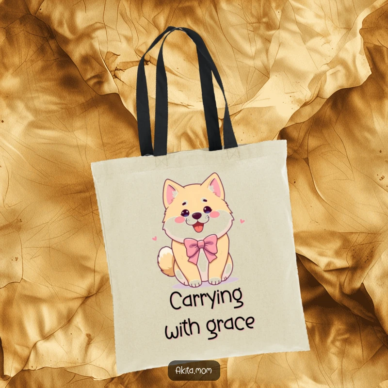 Funny Akita tote bag depicting a dog offering a playful bow. A humorous and practical gift for Akita enthusiasts.