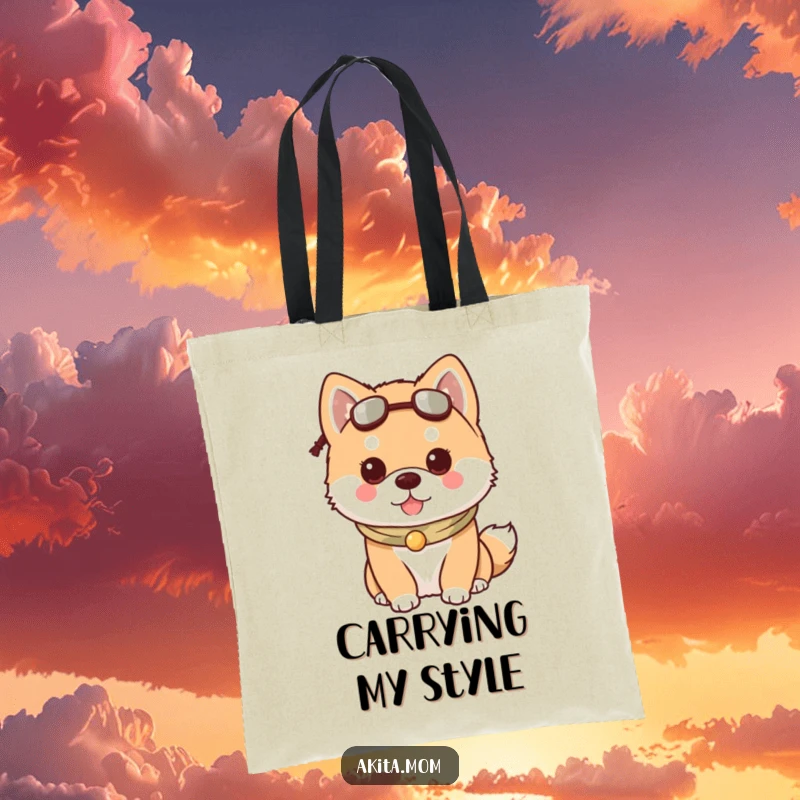 Funny Kawaii Akita dog tote bag, showcasing a dog wearing a charming accessory, practical and fashionable.