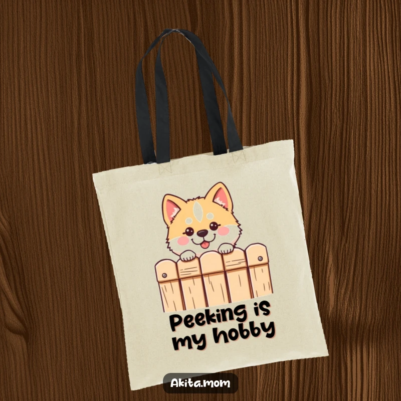 Funny Kawaii Akita tote bag displays a cute dog peering curiously over a fence, perfect for stylish pet owners.