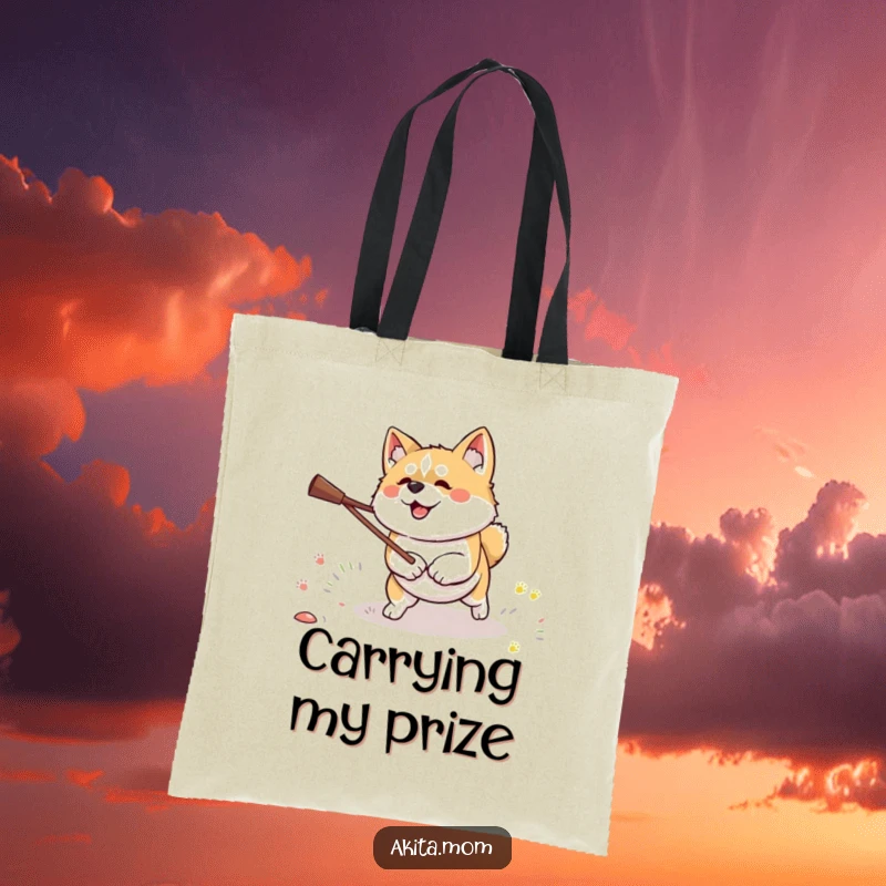 Funny Kawaii Akita dog tote bag, showcasing a dog intensely focused on fetching a stick, practical and motivational.