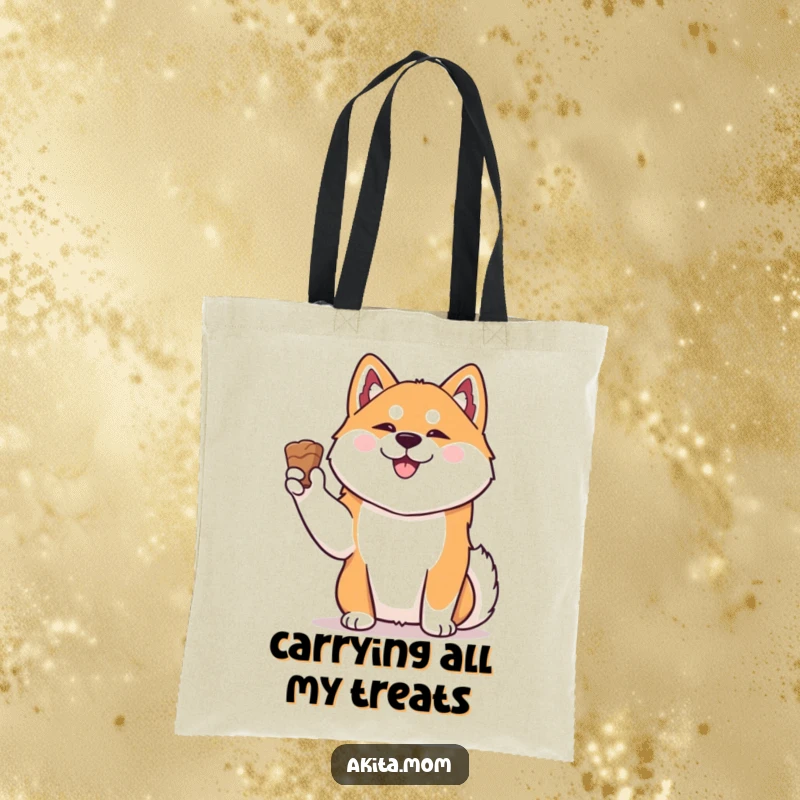 Funny Kawaii Akita tote bag, a happy dog proudly holding a treat, perfect for carrying essentials with style and humor.