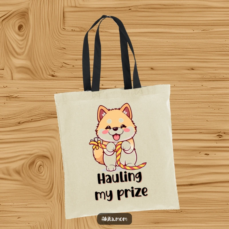 Funny Kawaii Akita tote bag enthusiastically embracing a colorful knotted rope, showcasing its strength and cheerful, determined playfulness.