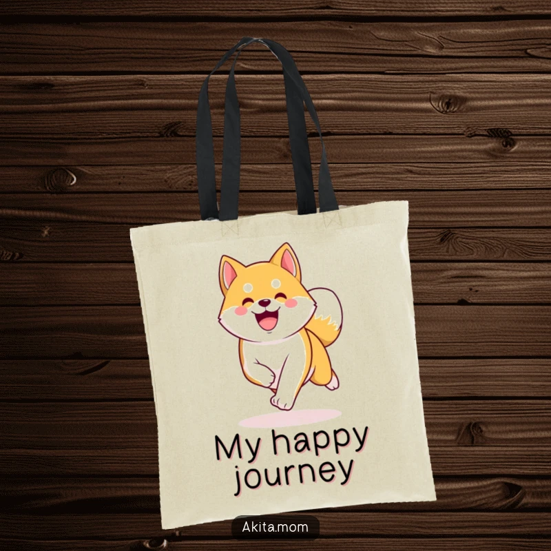 Funny Kawaii Akita tote bag, a happy dog trotting energetically with a curved tail, perfect for daily adventures.
