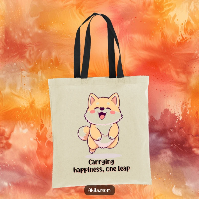 Funny Kawaii Akita tote bag, depicting a dog joyfully barking and leaping, great for carrying groceries or daily items with a smile.
